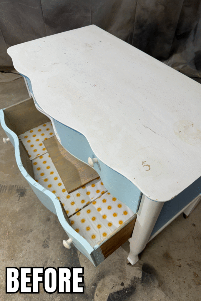 antique serpentine 3 drawer dresser restoration before