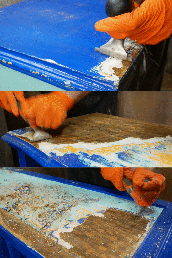 scraping layers of paint from antique